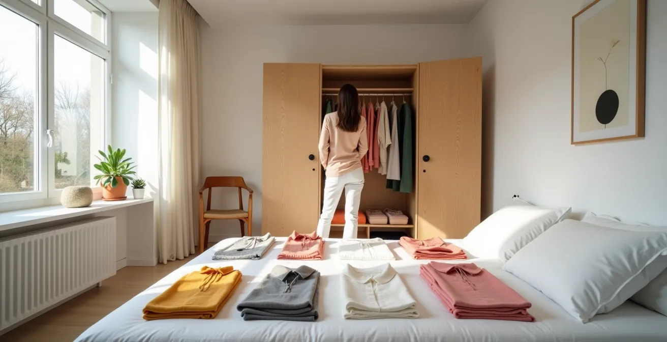 Frau mittleren Alters betrachtet verschiedene Outfit-Optionen selbstbewusst