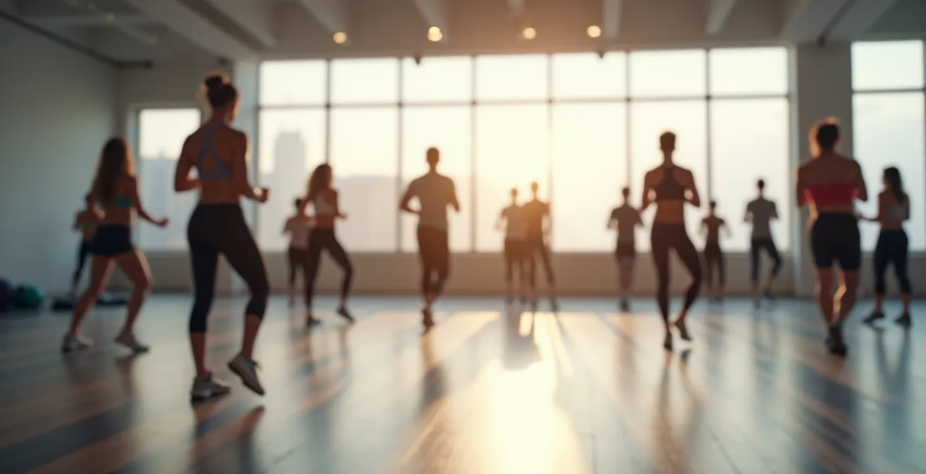 Split-Screen zeigt drei verschiedene Fitnesskurs-Atmosphären