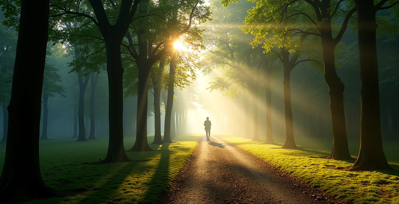Waldweg mit sanftem Lichteinfall durch Baumkronen, atmosphärische Darstellung der heilenden Waldumgebung