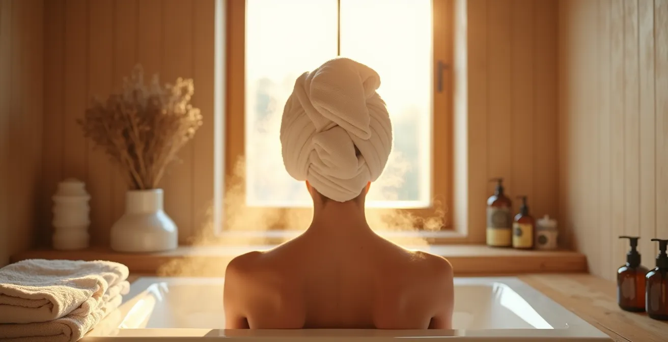 Nahaufnahme von Haar umwickelt mit warmem Handtuch, sichtbarer Dampf und entspannte Atmosphäre