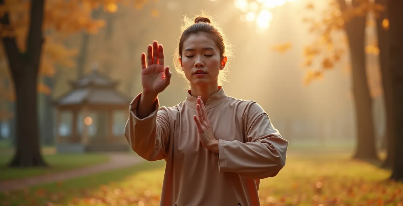 Eine Person in meditativer Tai-Chi-Pose in einem nebligen deutschen Park bei Sonnenaufgang, was die Verbindung von Körper und Geist symbolisiert.