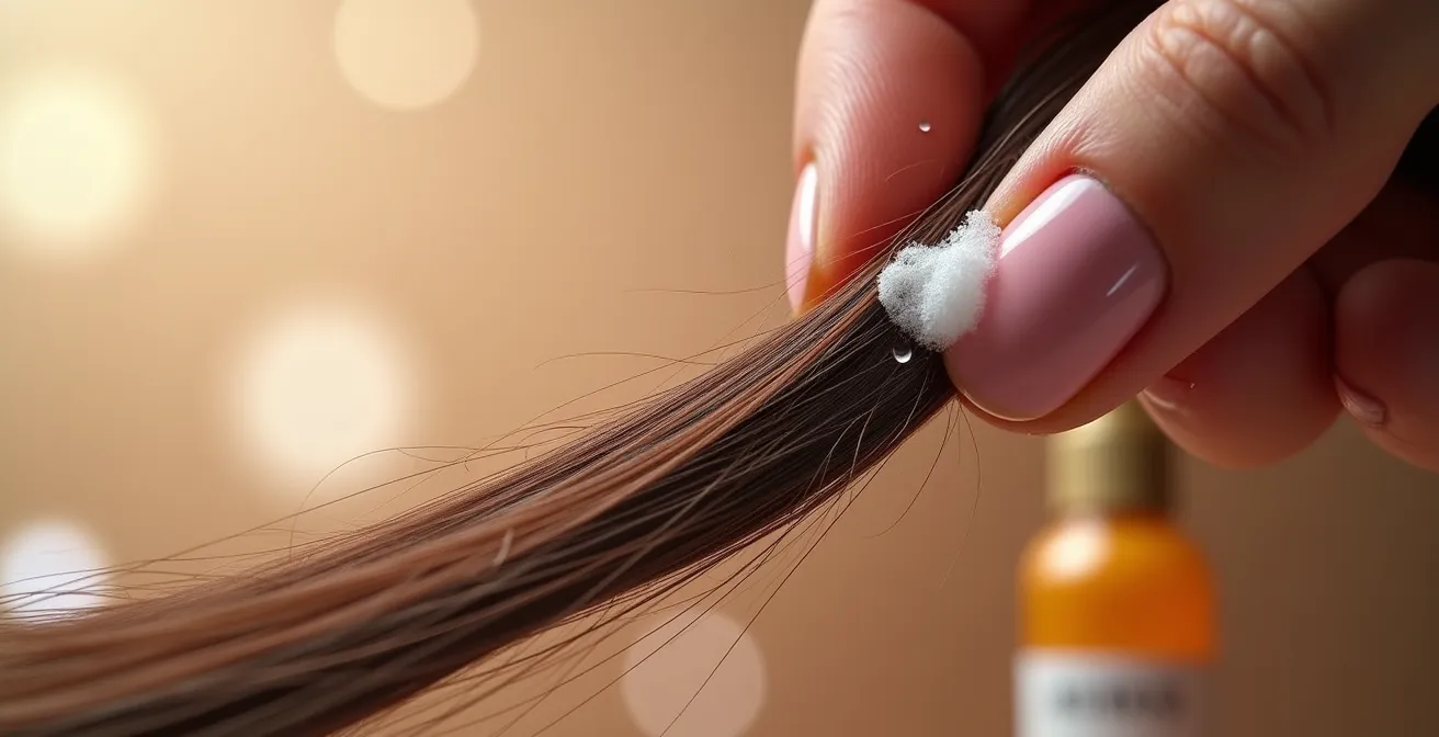 Makroaufnahme, die die gezielte Anwendung von Schaumfestiger am Ansatz und Öl in den Haarspitzen zeigt.